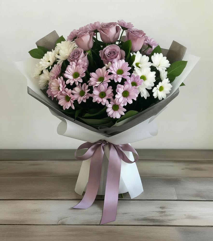 Букет цветов из: Хризантемы и Розы в Посёлок Комбината Стройматериалов-1
