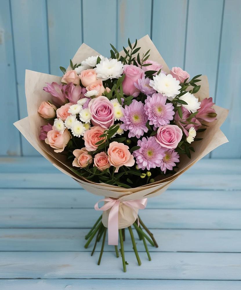 Букет цветов из: Хризантемы, Розы и Альстромерии в Посёлок Комбината Стройматериалов-1