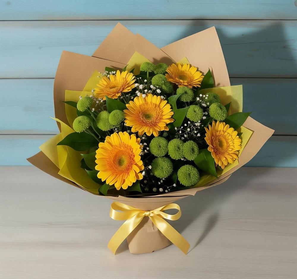 Букет цветов из: Герберы и Хризантемы в Посёлок Комбината Стройматериалов-1