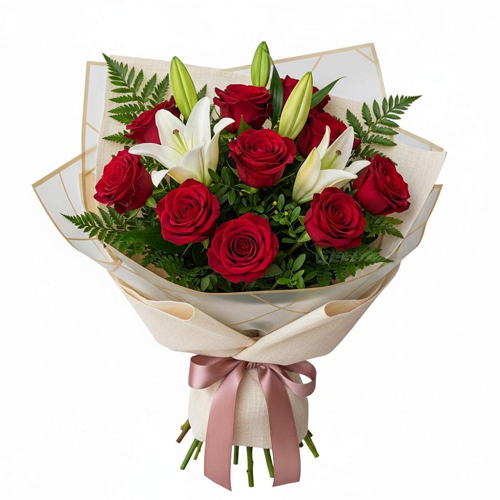 Букет цветов из: Лилии и Розы в Посёлок Комбината Стройматериалов-1