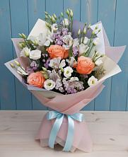 Букет цветов из:  Лизиантусы, Розы, Альстромерии и Гипсофила в Посёлок Комбината Стройматериалов-1