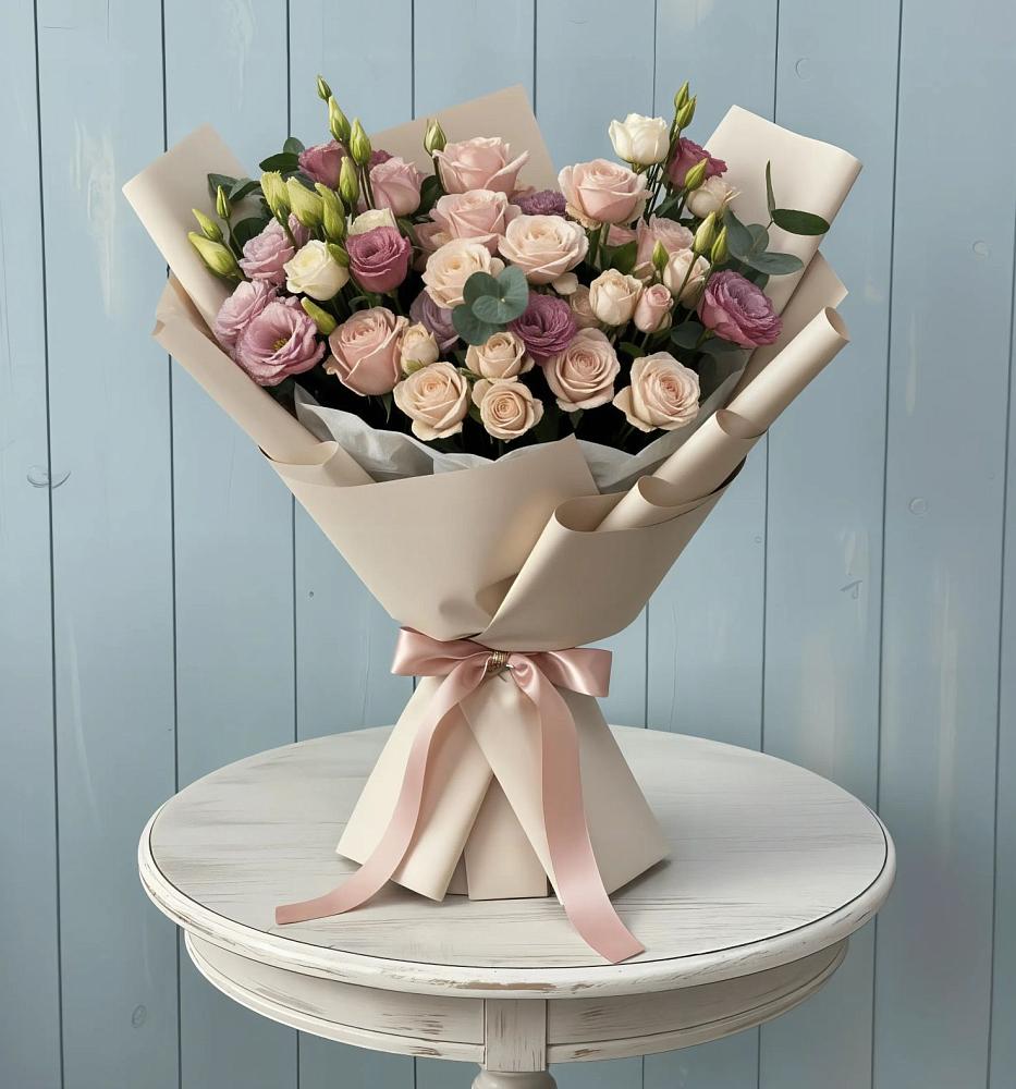 Букет цветов из: Розы и Лизиантусы в Посёлок Комбината Стройматериалов-1