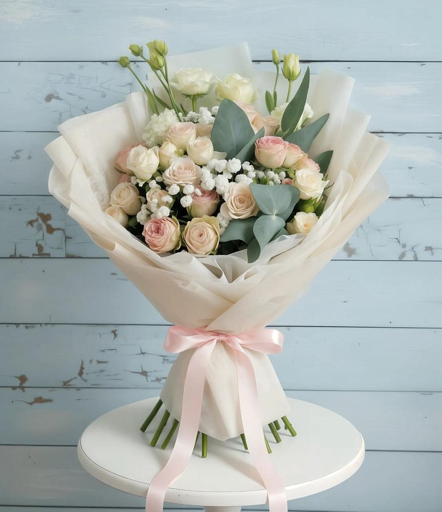 Букет цветов из: Розы и Лизиантусы в Посёлок Комбината Стройматериалов-1