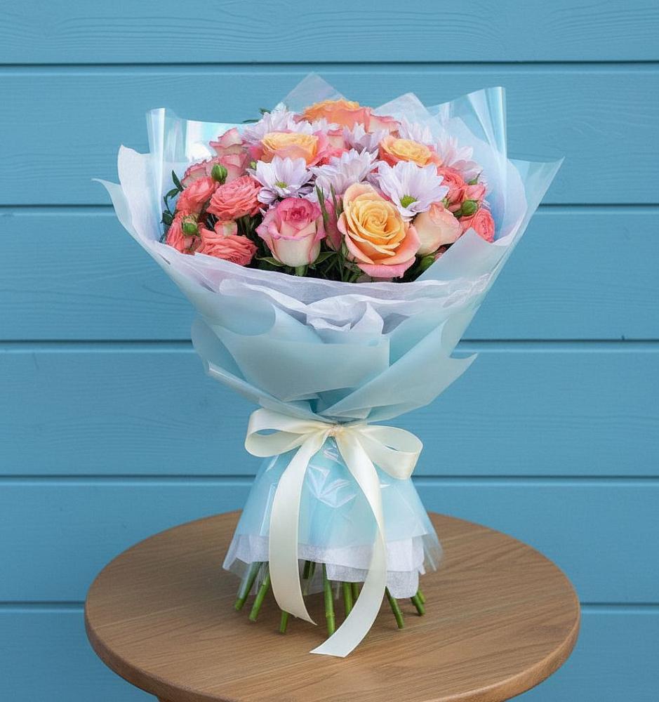 Букет цветов из: Хризантемы и Розы в Посёлок Комбината Стройматериалов-1