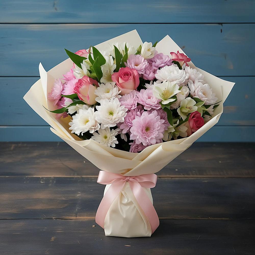 Букет цветов из: Хризантемы, Альстромерии и Розы в Посёлок Комбината Стройматериалов-1